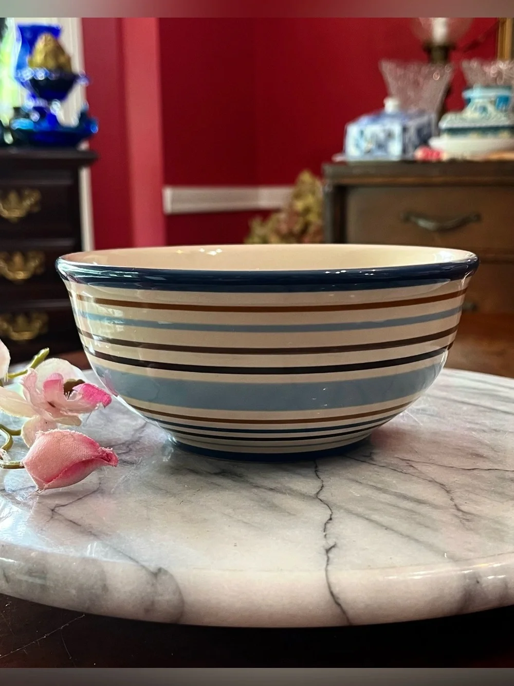 Vintage Longaberger Pottery Cabana Blue Stripe Round Serving Bowl Vitrified USA